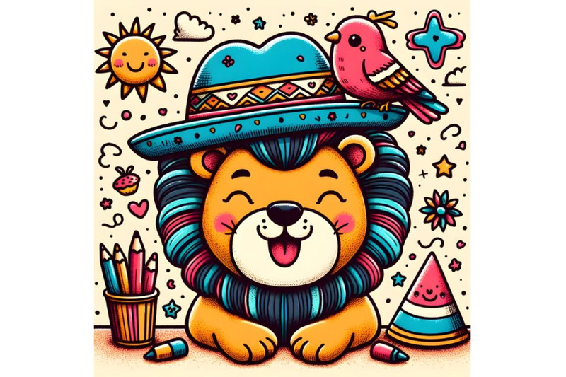 funny-smiling-lion-with-a-cute-bird-in-a-hat