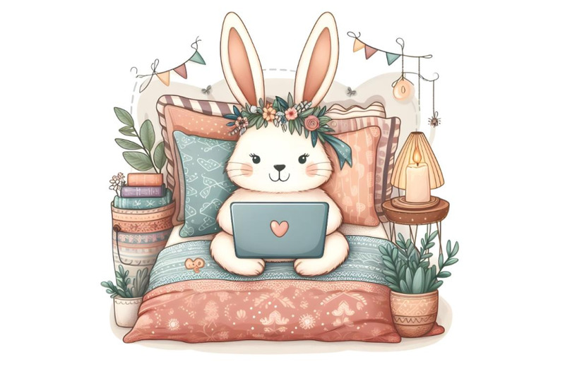 cute-hare-in-bed-with-laptop