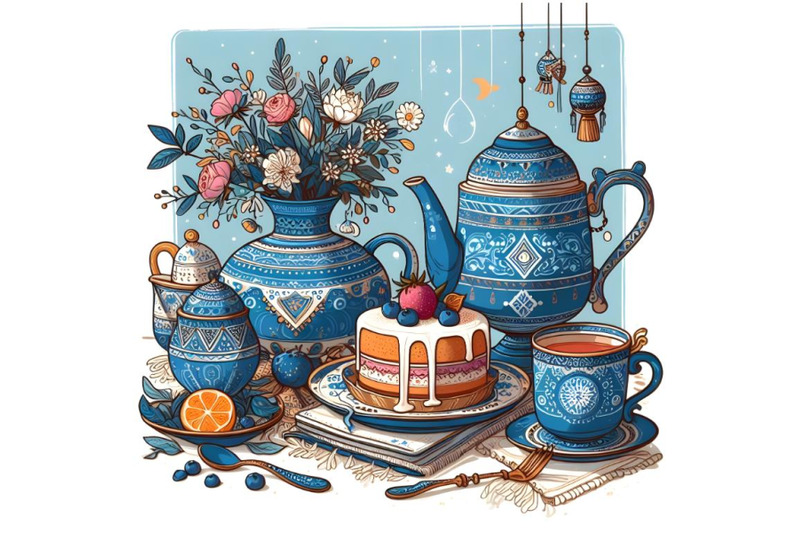 blue-tea-set-and-cake-on-a-plate