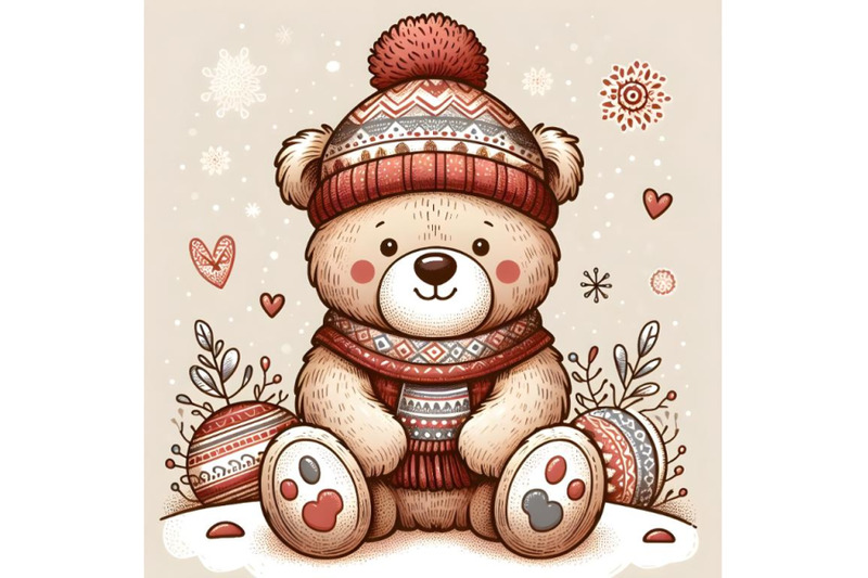 cartoon-teddy-bear-in-a-knitted-cap-sits-on-a-snow