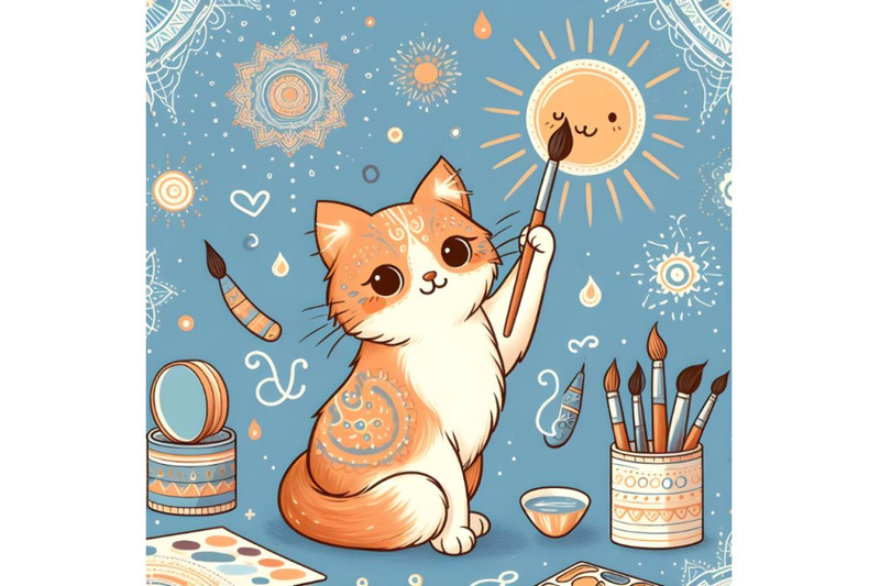 cute-cat-with-brush-is-drawing-a-sun