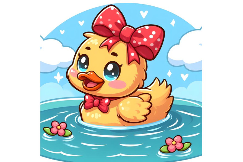 cute-cartoon-duck-swimming-with-red-bow-funny-and-adorable