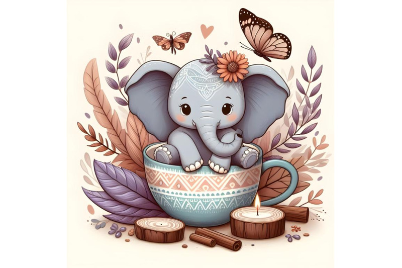 cute-elephant-sitting-in-a-cup-and-looking-at-butterfly