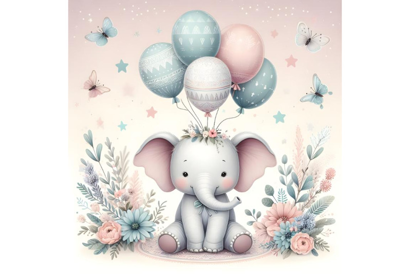 cute-baby-elephant-sits-and-holds-a-balloons