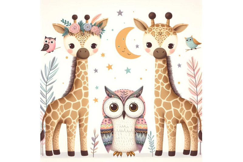 two-cute-giraffes-and-owls