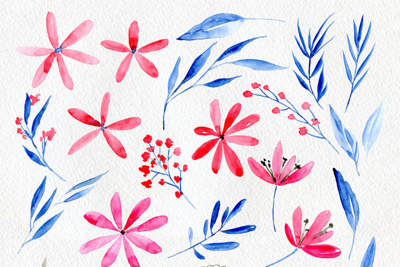 watercolor-flowers-blue-red-brown