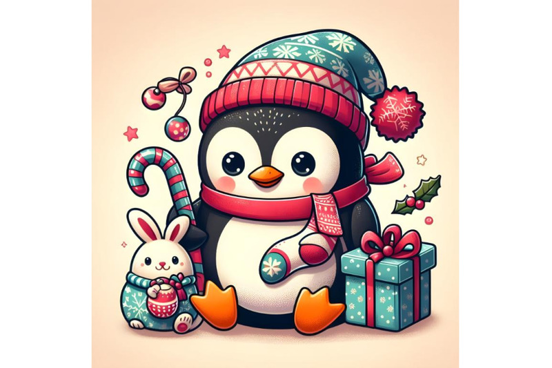 funny-cartoon-penguin-with-christmas-sock-and-a-toy