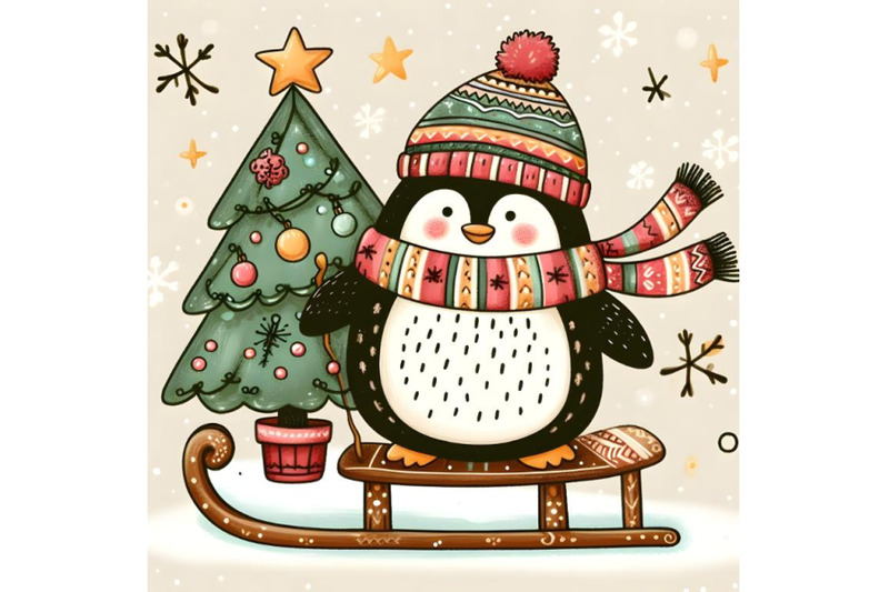 cartoon-penguin-with-a-christmas-tree-on-a-sled