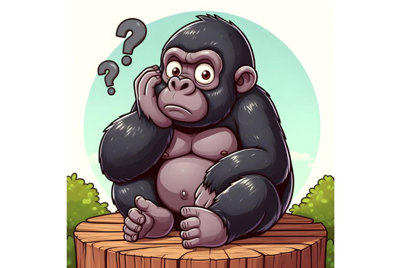 funny-gorilla-cartoon-sitting-confused-on-wooden