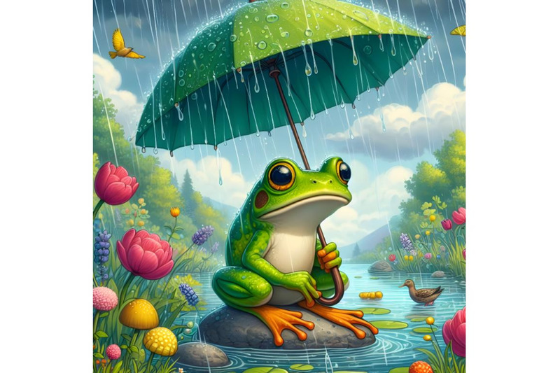 frog-with-umbrella-in-rainy-day