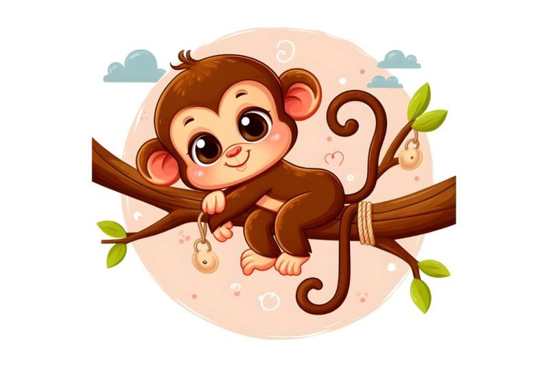 cartoon-cute-monkey-hanging-on-tree-branch-funny-and-adorable