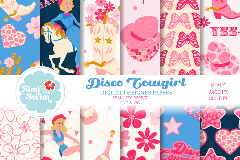 vintage-pink-disco-cowgirl-digital-papers-pin-up-pattern-bundle-cowg