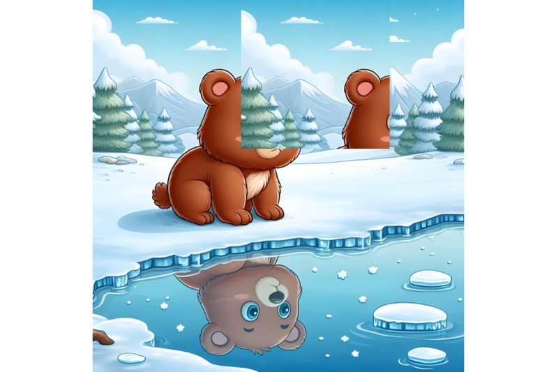 baby-bear-watching-reflection-in-winter-frozen-lake