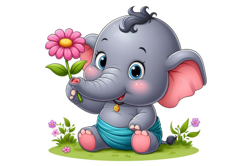 baby-elephant-holding-a-pink-flower