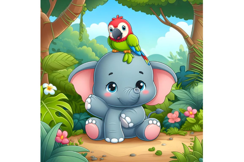 little-cute-elephant-sits-in-a-clearing-in-the-jungle-with-a-parrot-on