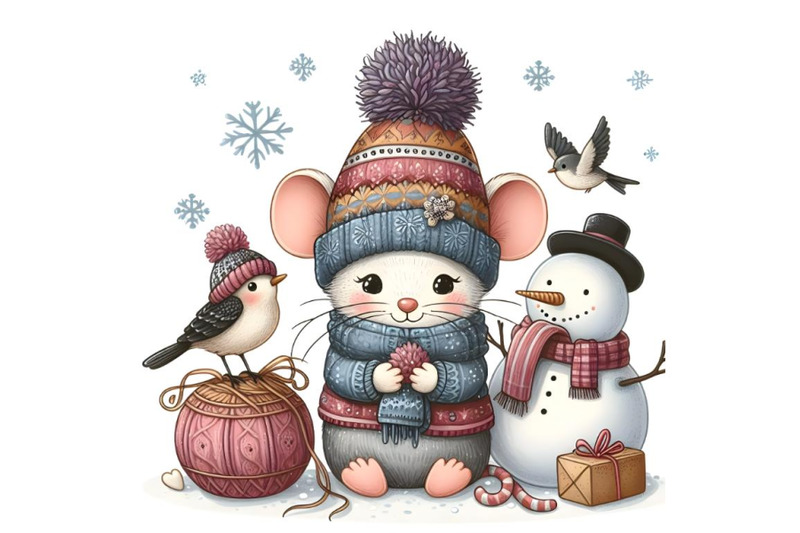 cute-cartoon-mouse-in-a-knitted-cap-and-snowman