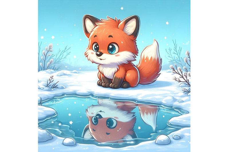 baby-fox-watching-reflection-in-winter-frozen-lake