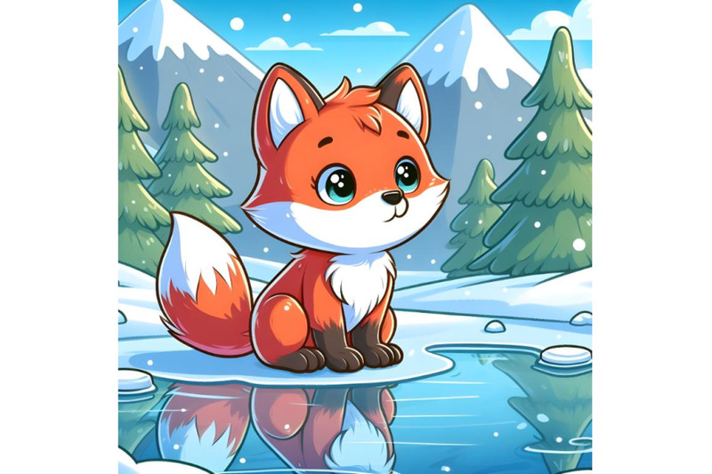 baby-fox-watching-reflection-in-winter-frozen-lake