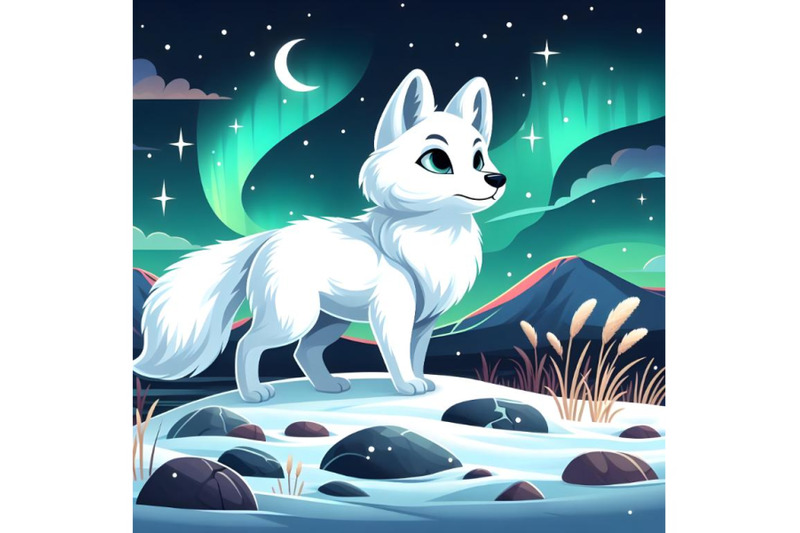 white-arctic-fox-in-the-snow-stones-dry-grass-and-the-northern-light