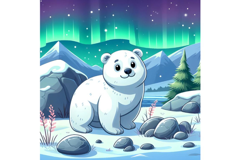 white-arctic-bear-in-the-snow-stones-dry-grass-and-the-northern-ligh