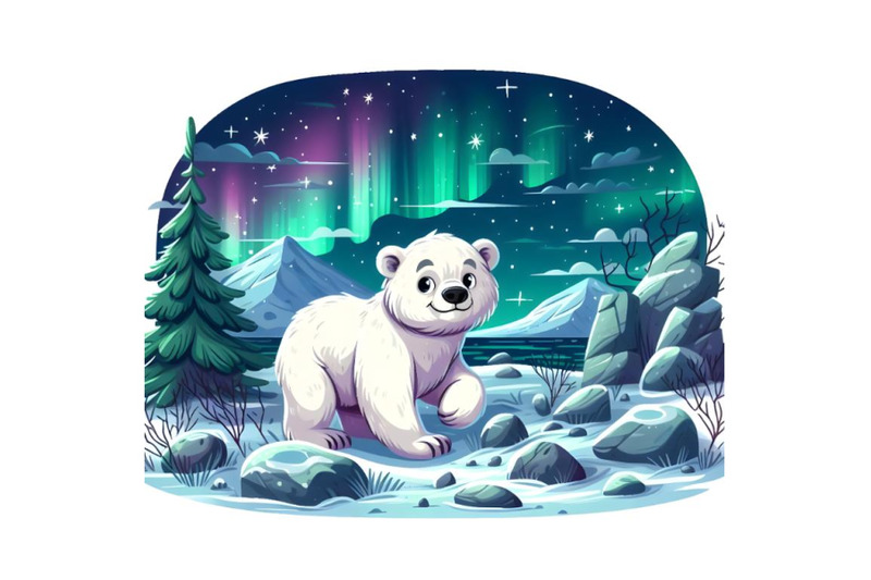 white-arctic-bear-in-the-snow-stones-dry-grass-and-the-northern-ligh