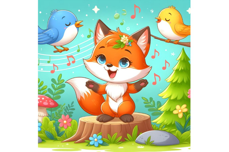 cute-little-fox-with-background-singing-bird