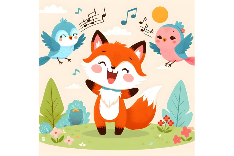 cute-little-fox-with-background-singing-bird