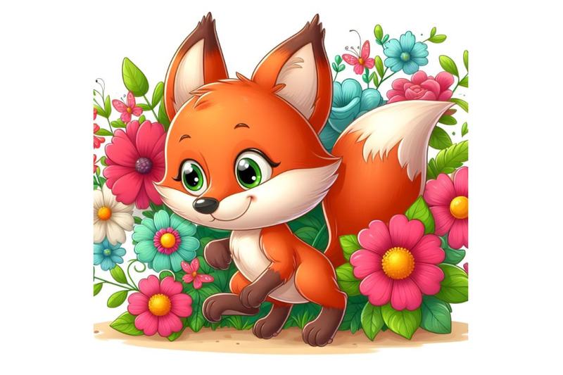 cartoon-fox-with-flowerson-a-white-background