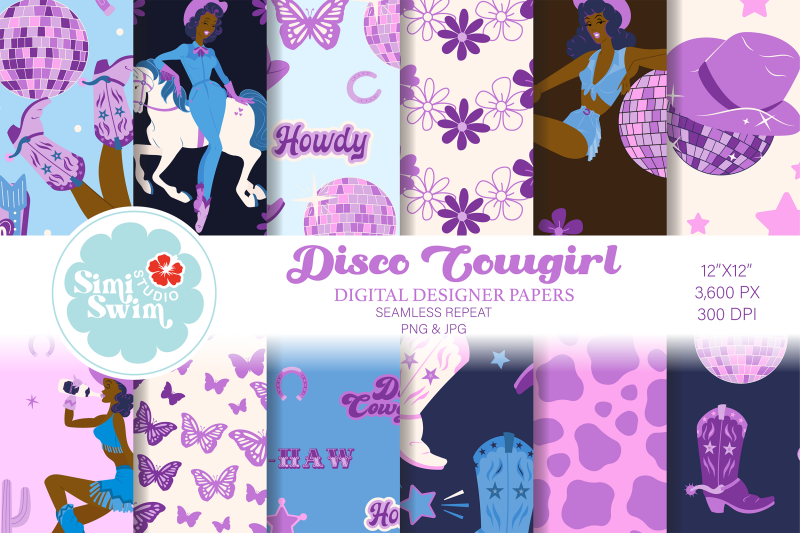 vintage-purple-disco-cowgirl-digital-papers-pin-up-pattern-bundle-co