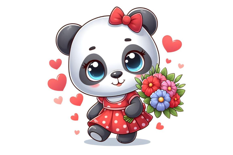 panda-girl-in-a-red-dress-holding-flowers