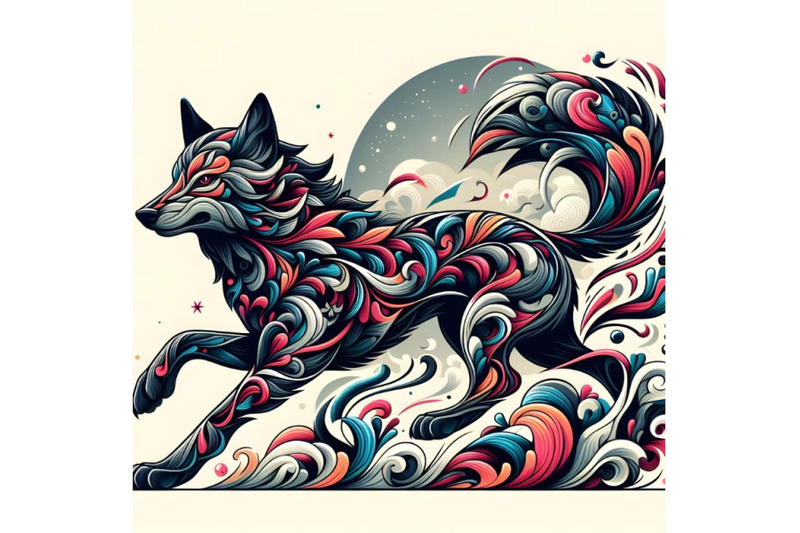 floral-abstract-wolf-running