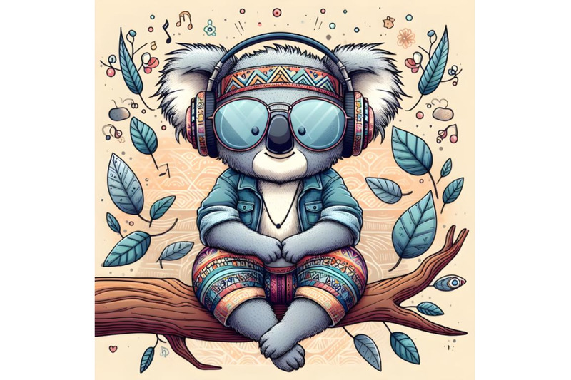 cool-cartoon-koala-in-glasses-and-headphones-is-sitting-on-a-tree