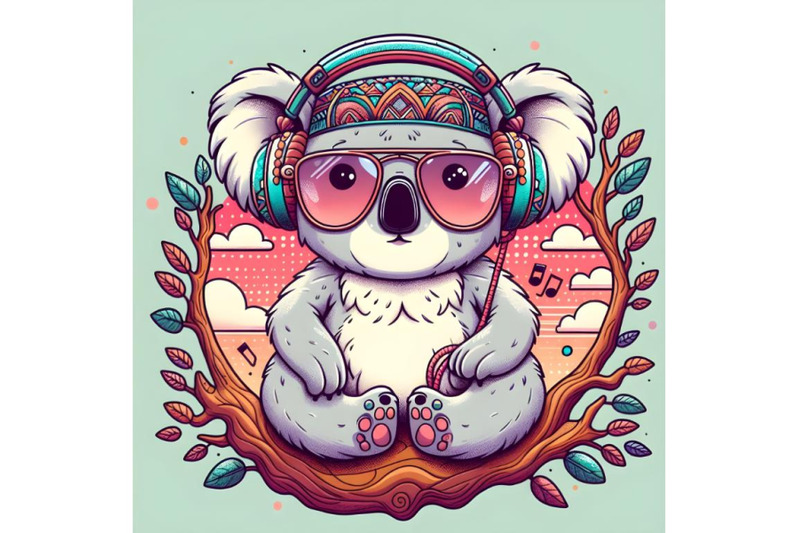 cool-cartoon-koala-in-glasses-and-headphones-is-sitting-on-a-tree