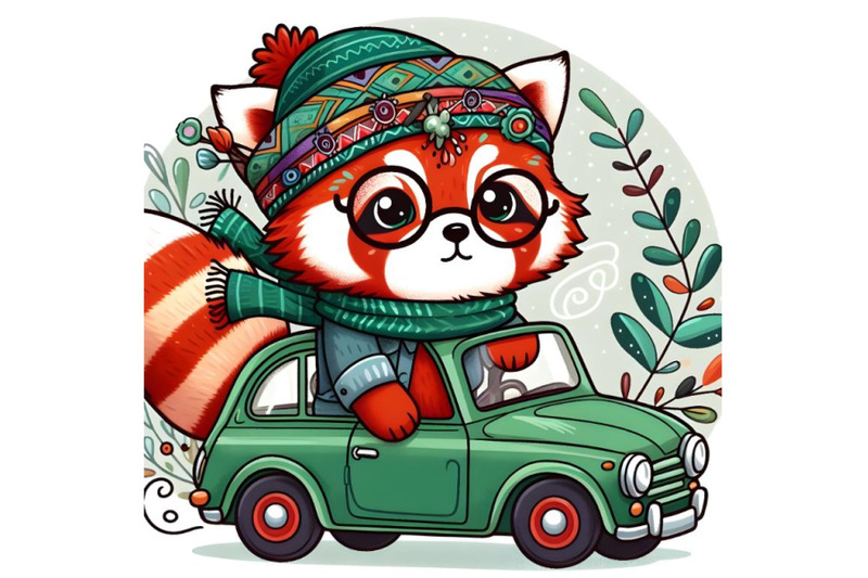 cartoon-red-panda-boy-in-glasses-goes-on-a-green-car