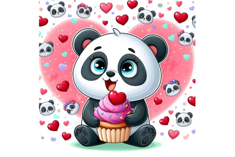 cartoon-panda-with-cupcake-on-a-hearts-background