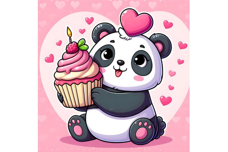 cartoon-panda-with-cupcake-on-a-hearts-background