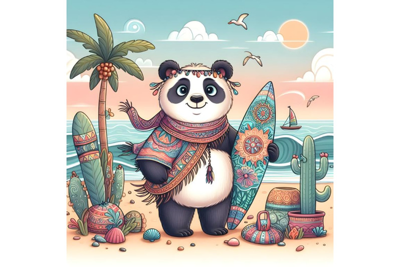 cartoon-panda-standing-with-a-surf-on-the-beach