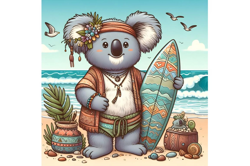 cartoon-koala-standing-with-a-surf-on-the-beach