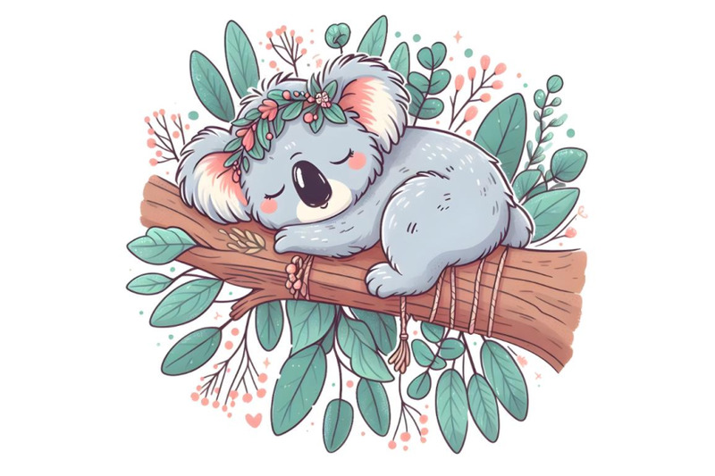 cartoon-koala-sleeping-on-tree-with-eucalyptus-leaves