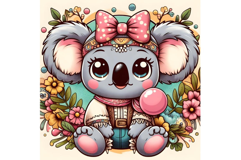 cartoon-koala-girl-with-a-bow-and-bubble-gum