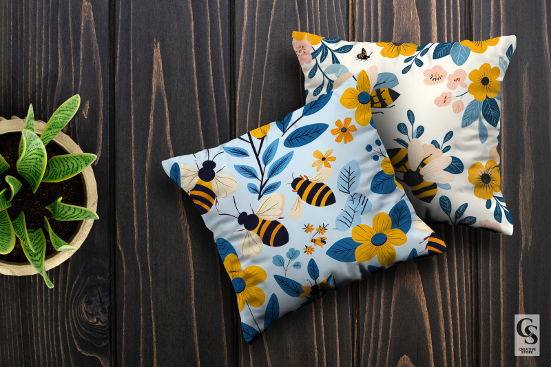 spring-floral-honeybees-seamless-patterns