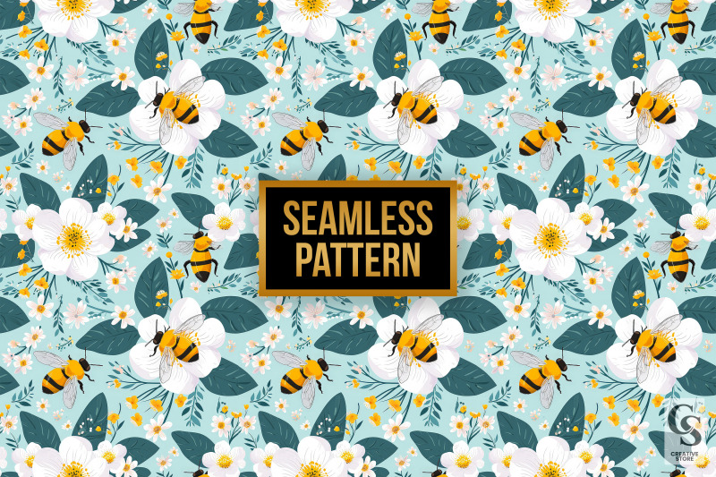 spring-floral-honeybees-seamless-patterns