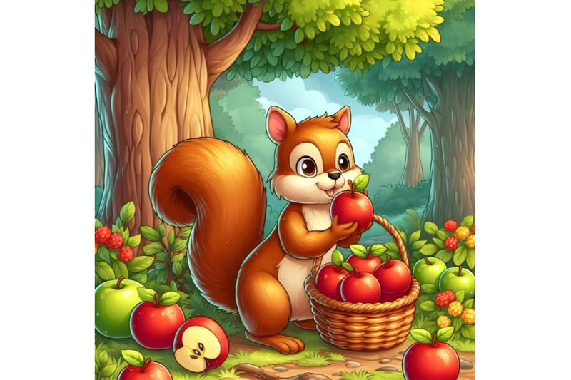 squirrel-holding-a-basket-of-apple-with-background-forest