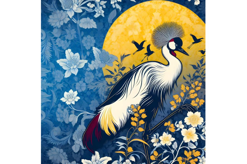 red-crowned-crane-on-background-with-floral-pattern