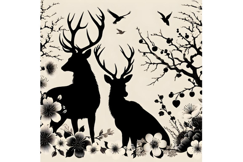 silhouette-of-deer-stags-plum-blossom