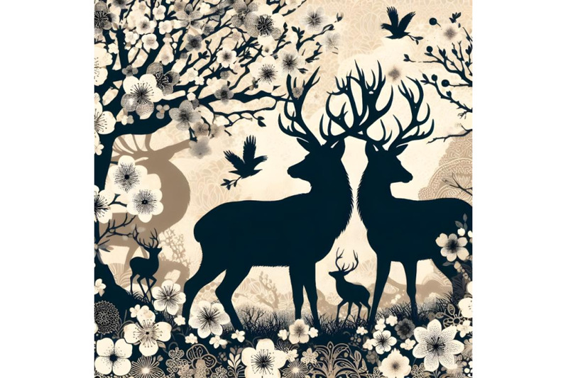 silhouette-of-deer-stags-plum-blossom