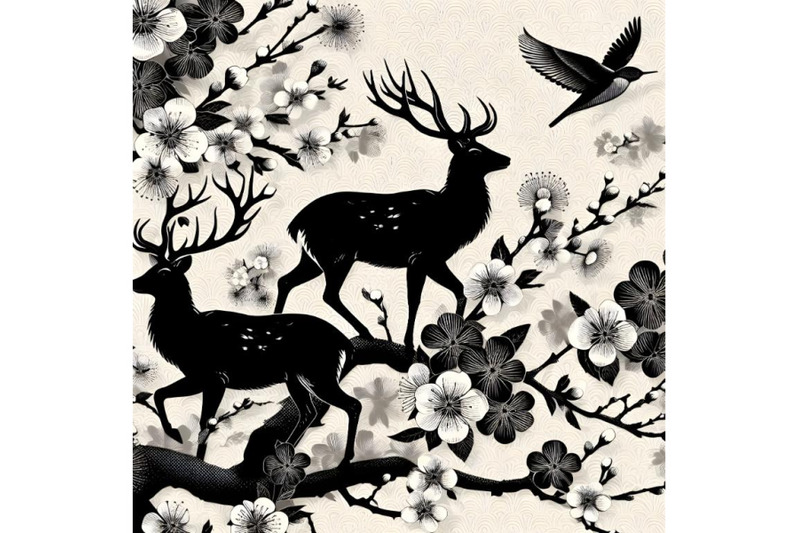 silhouette-of-deer-stags-plum-blossom