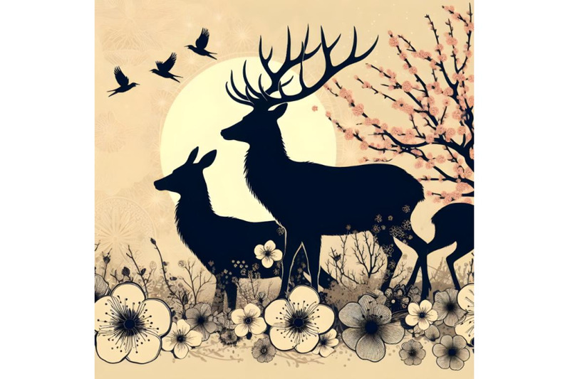 silhouette-of-deer-stags-plum-blossom