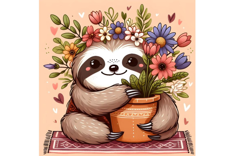 cute-sloth-with-a-pot-of-flowers