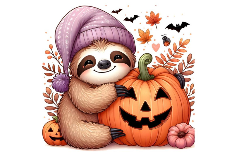 cute-cartoon-sloth-with-halloween-pumpkin